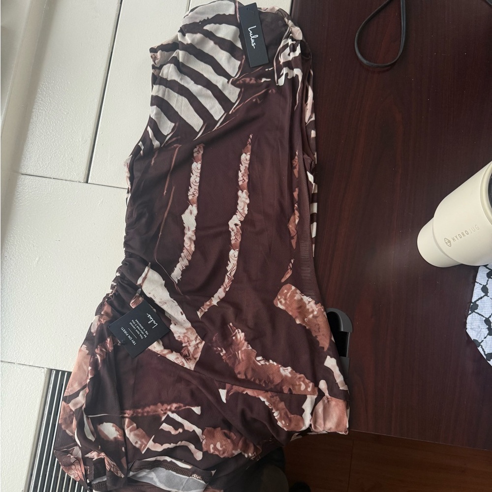 Lulu's One Shoulder Brown and Cream Dress